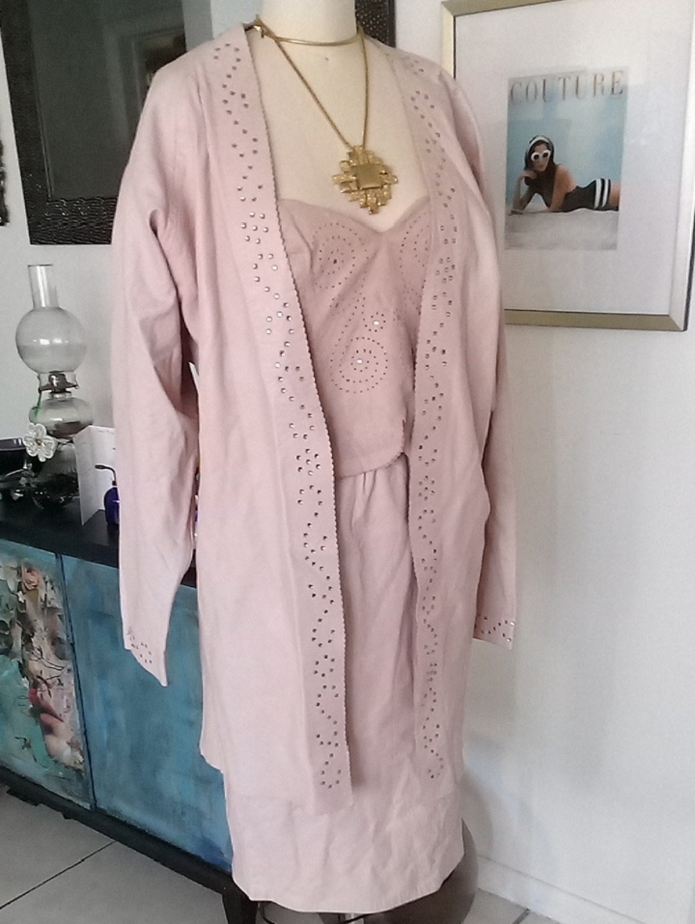 80 Vintage Women's 3 Pc Leather  Suede  Set in Blush Pink with Embellished Trim